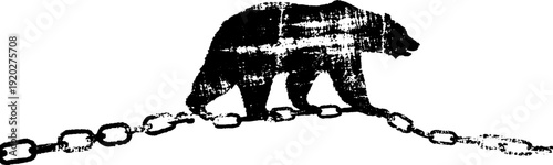 Black and white bear on anchor chain ink illustration for nautical design