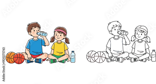 Cute boy and girl resting and drinking water after playing basketball, color and black and white line art coloring page vector illustration