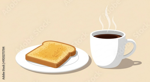 Steaming hot cup of coffee with toast on a white plate breakfast still life