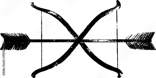 Vintage bow and arrow silhouette in black and white ink illustration