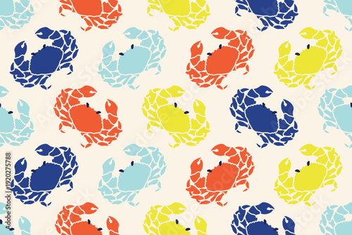 Mediterranean seamless pattern with crabs. Sea animals background. La dolce vita illustration. Seafood template in Italian, Portugal style. Vector flat illustration menu, wall art, print, restaurant