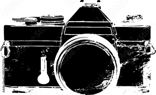 Vintage camera in high contrast black and white ink silhouette for design projects
