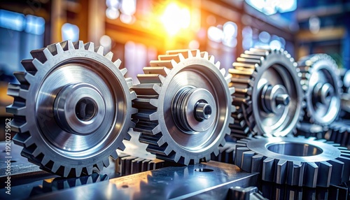 A sharp, detailed photographic capture of polished metal gears of disparate sizes meshing seamlessly together, bathed in clear illumination by FlyPro Firefly.