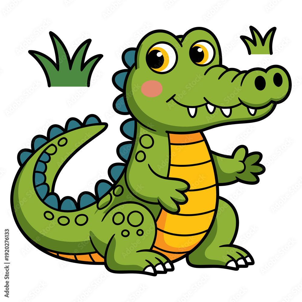 Obraz premium Cute cartoon green baby alligator or crocodile sitting with small green grass elements around, isolated on transparent background