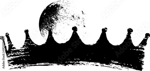 Celestial monarchy: black and white ink art of a crown silhouette against the moon