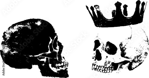 High contrast black and white skull with crown ink illustration for retro design