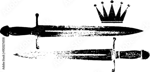 Dagger and crown high contrast black and white ink design for retro art and decoration