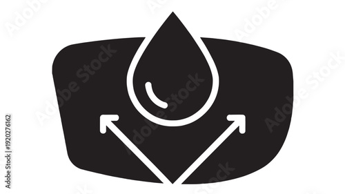 Icon fuel efficiency with oil drop symbol and upward arrows inside dashboard shape, minimalist black glyph for automotive service, lubricant economy, performance concept