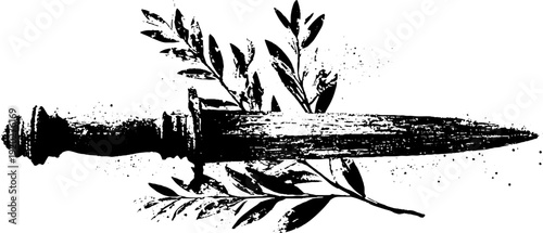 High contrast black and white ink illustration of dagger with laurel leaves for design