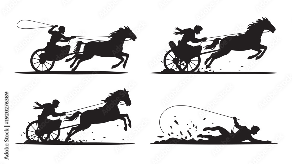 Naklejka premium Vector Illustration Of Silhouette Horse Races With Charioteers For Sports And Competition Concepts