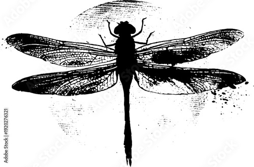 Dragonfly silhouette against moon ink art design for wall decor