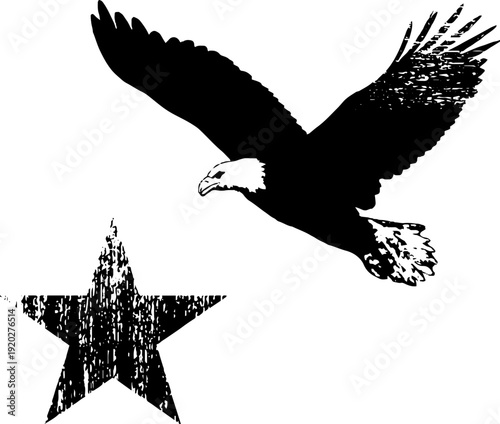 Majestic eagle silhouette with star in high contrast black and white ink art