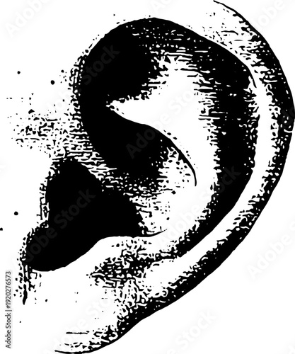 Minimalist black and white ink illustration of ear design for print and poster