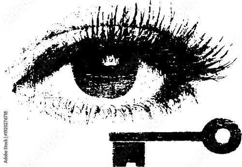 Surreal eye and key design in high contrast ink illustration