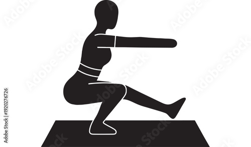 Woman silhouette doing pistol squat on yoga mat, single leg balance exercise icon for fitness training, strength workout, calisthenics, and home gym routine