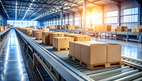 FlyPro Firefly captures an industrial conveyor belt frozen mid-motion, laden with unmoving crates of varying sizes, in a realistic photography style.