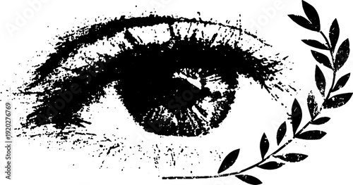 Eye and laurel wreath in high contrast black and white ink illustration for design projects