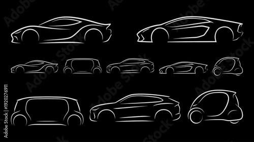 A collection of various car designs and models in white outline