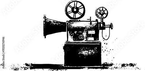 Vintage film projector silhouette in high contrast black and white ink