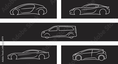 Features a collection of white line drawings of various cars