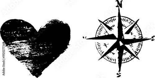 High contrast black and white heart and compass rose ink art for design