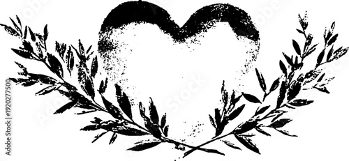 Romantic heart with laurel wreath in high contrast black and white design