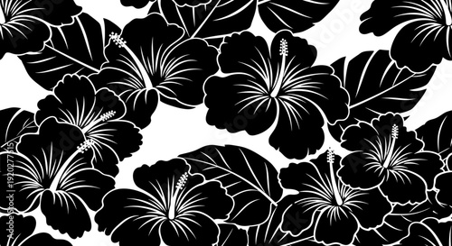 Black and white hibiscus flower illustration.