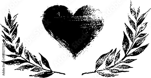 Black and white ink illustration of heart with laurel wreath for romantic design