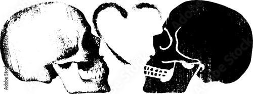 High contrast black and white ink design featuring skull and heart for artistic decor