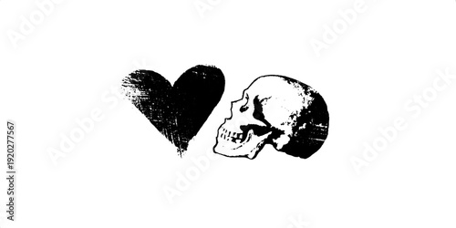 Contrast of heart and skull in black and white ink art - symbolism of love and mortality