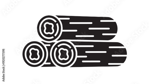 Logs set with black silhouettes and white highlights, three pieces stacked featuring wood, firewood, fire with burning and warmth elements for heating, energy projects, clean composition on simple