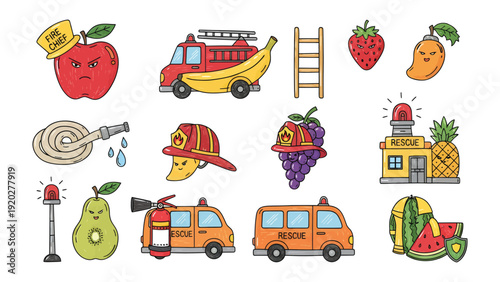 Fruit-Shaped Firefighters and Equipment: An illustrative composition of fruits with firefighter-themed elements, showcasing whimsical vehicles and accessories in a playful and engaging manner.