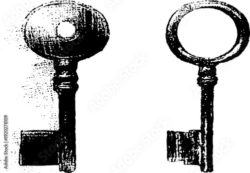 Vintage hand-drawn key and lock illustration in high contrast black and white