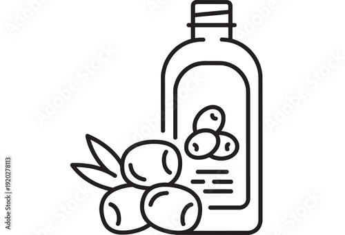 Bottle olive oil icon with olives and leaves, minimal black outline line art for cooking label, grocery packaging, restaurant menu, healthy Mediterranean diet design