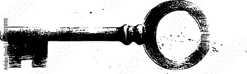 Vintage key and shield emblem in high contrast black and white ink design
