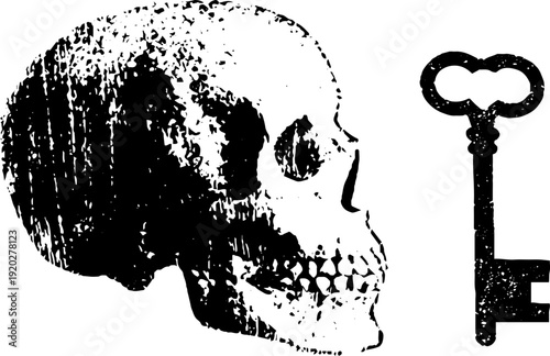High contrast skull and key ink art for retro design concepts