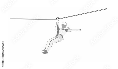 Minimal line art girl ziplining vector illustration isolated on white background