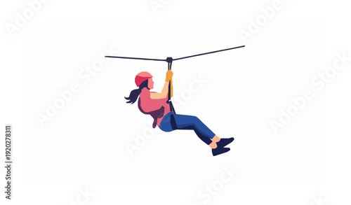 Flat logo-style girl on zipline vector illustration isolated on white