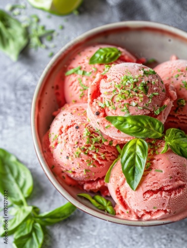 Tomato ice cream with basil and a hint of lime served in a bowl with fresh basil leaves