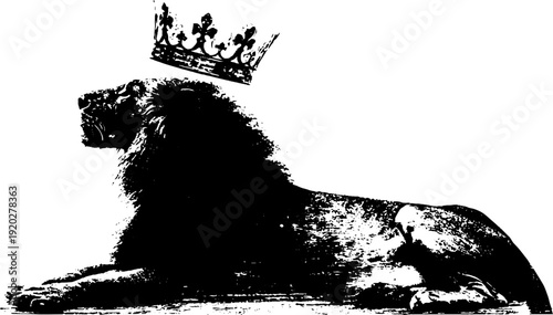 Regal lion with crown in high contrast black and white ink illustration