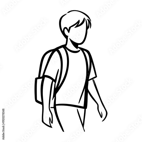 Regreso a las clases. Dibujo sencillo con líneas de un niño de primaria caminando con mochila