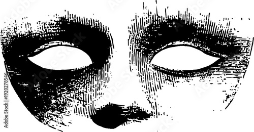 Minimalist high contrast black and white ink illustration of a mask design for posters