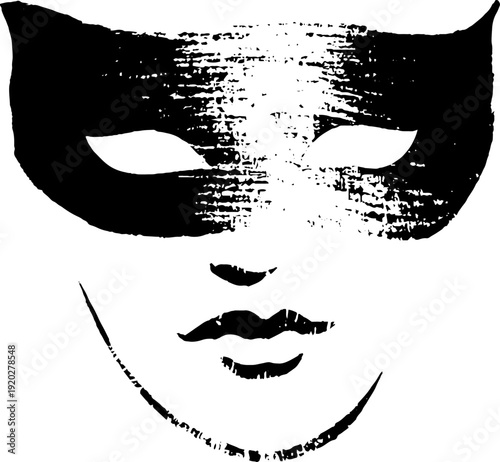 Minimalist black and white ink illustration of a mask for artistic design