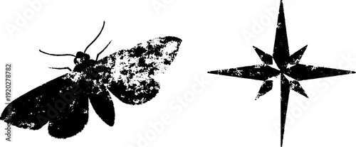 Moth and compass star in high contrast ink drawing - vintage design for cards and posters
