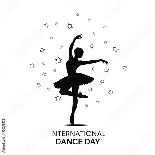 Black silhouette of a ballet dancer in a graceful pose surrounded by stars on a white background celebrating International Dance Day.