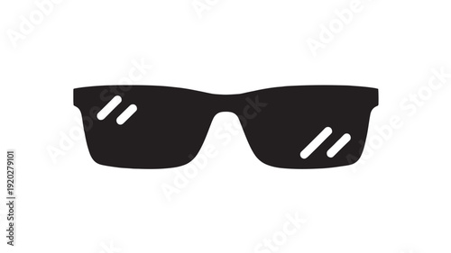 Sunglasses simple black silhouette icon with glossy highlights, modern eyewear accessory symbol for summer fashion, sun protection, optical store branding and UI