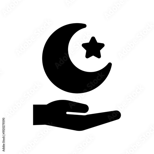 Silhouette Icon of a Hand Holding a Crescent Moon and Star Symbol