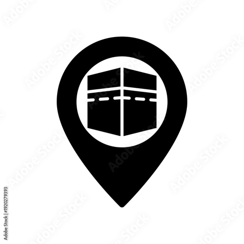 Silhouette Illustration of Kaaba Symbol with Location Pin Icon in Black and White