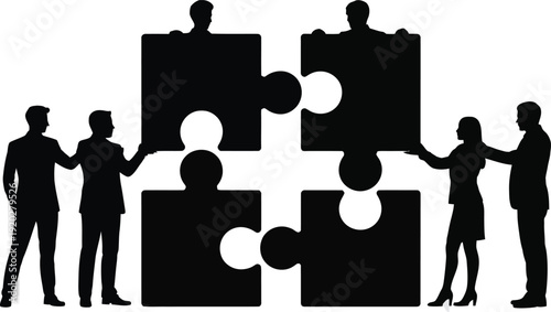 Business teamwork and collaboration concept with silhouettes assembling four large puzzle pieces.