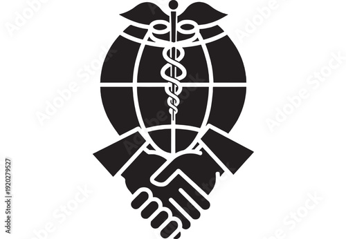 Handshake global medical emblem with caduceus staff over globe, symbol of international healthcare cooperation, partnership, charity support and humanitarian aid icon
